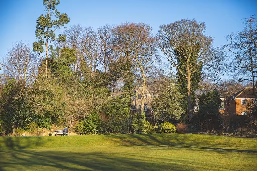 A view of the grounds at Mirfield, with trees and grass
