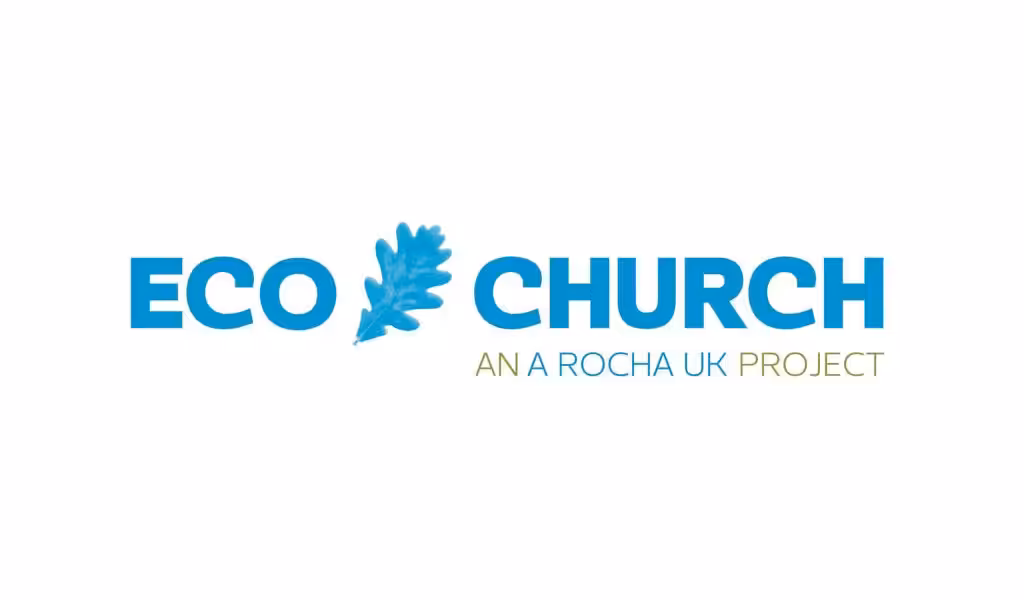 Eco Church logo. Under the words Eco church, which are separated by an oak leaf, it says in smaller letters "An A Rocha UK Project"